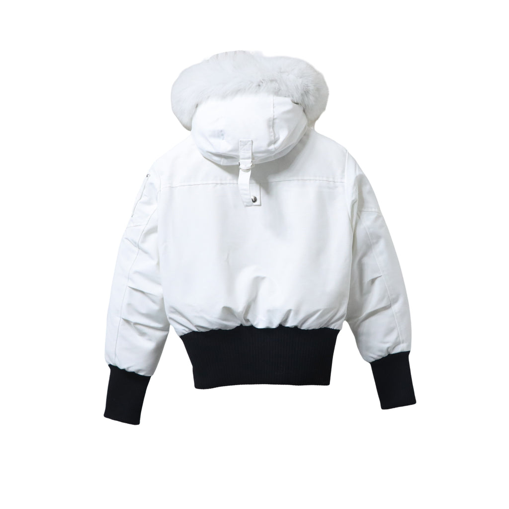 Moose Knuckles White Hooded Bomber Jacket with Plush Pom-Poms