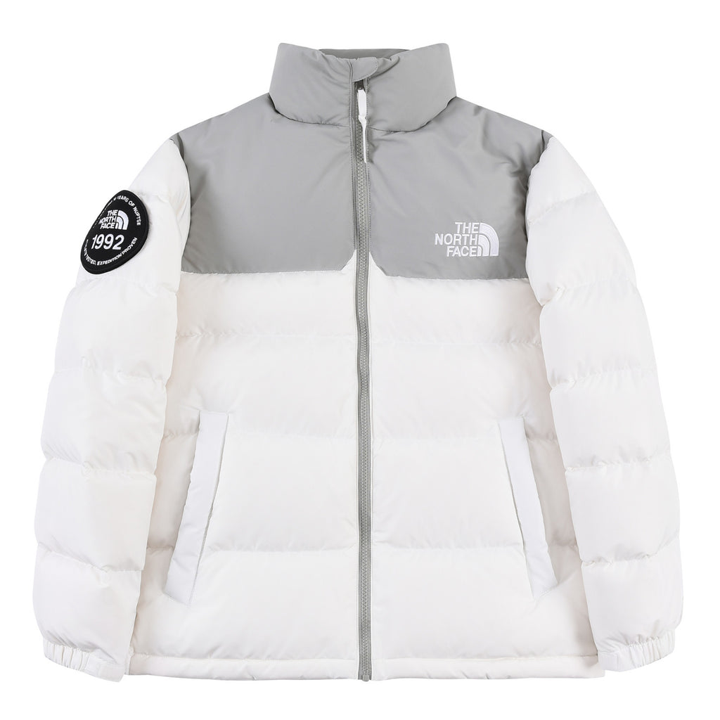 The North Face White and Gray Colorblock Stand-Collar Puffer Jacket