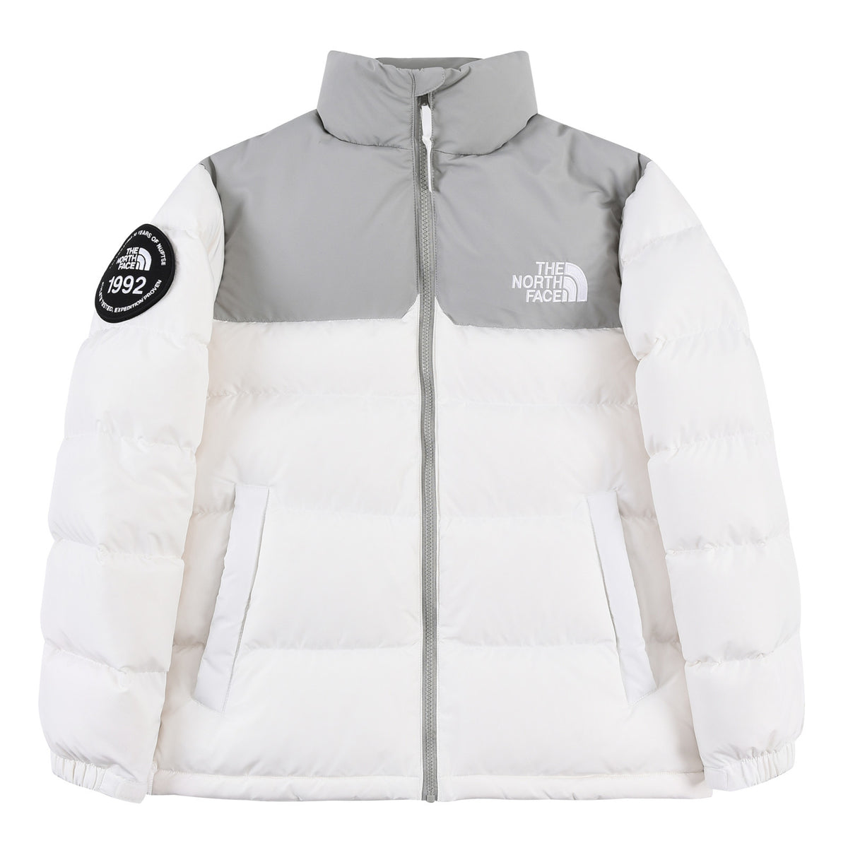 The North Face White and Gray Colorblock Stand-Collar Puffer Jacket