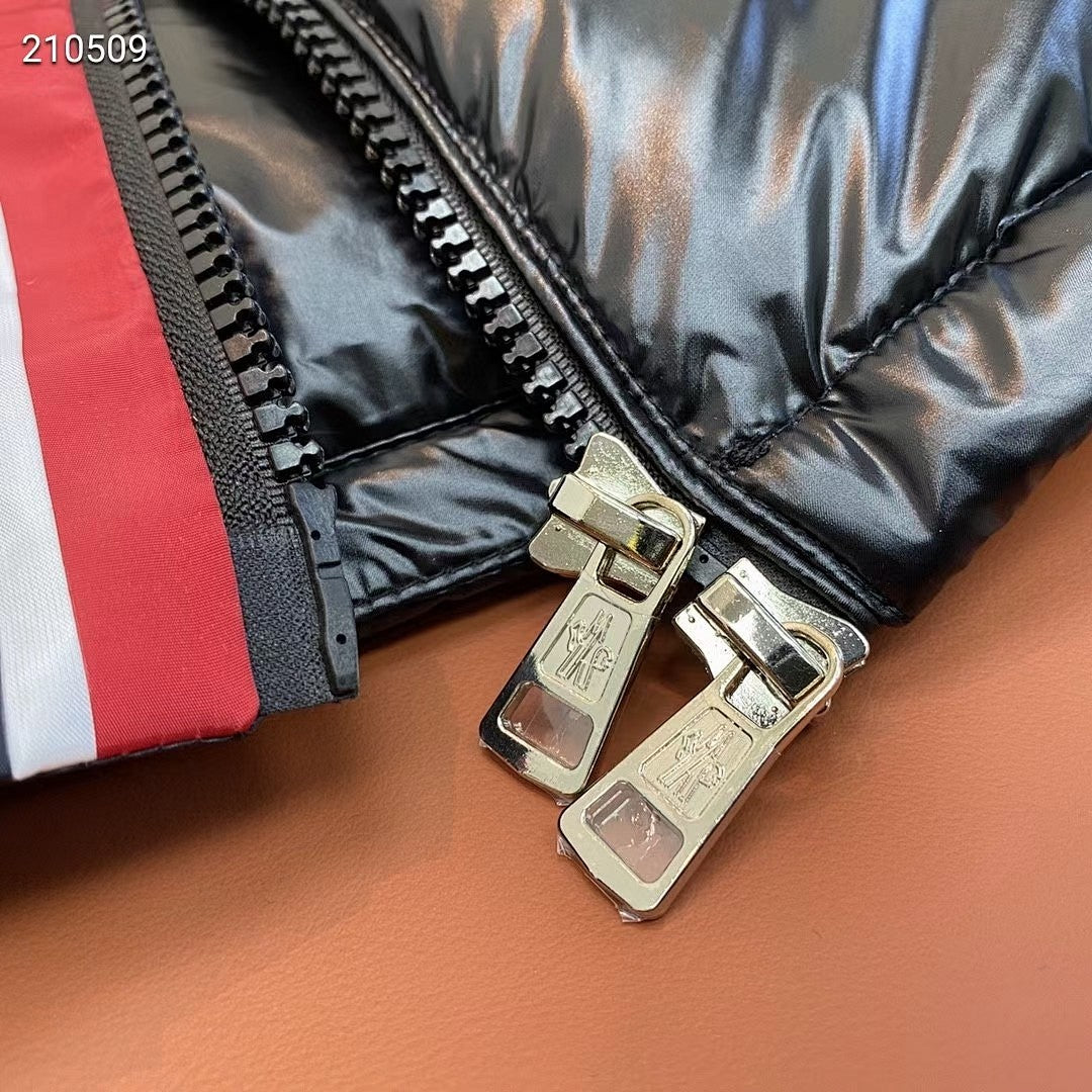 Moncler Black Glossy Hooded Puffer Jacket with Tricolor Zip Trim