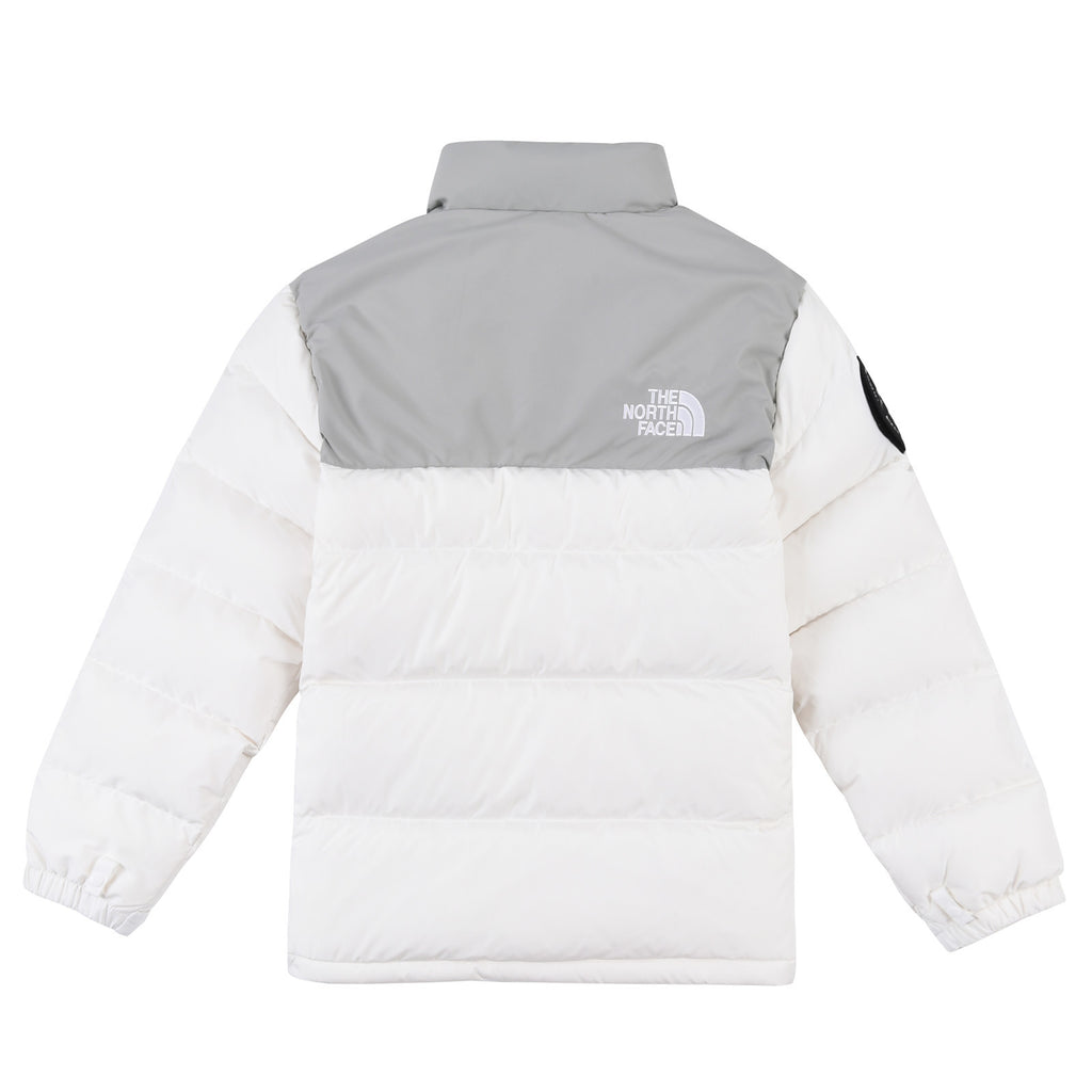 The North Face White and Gray Colorblock Stand-Collar Puffer Jacket