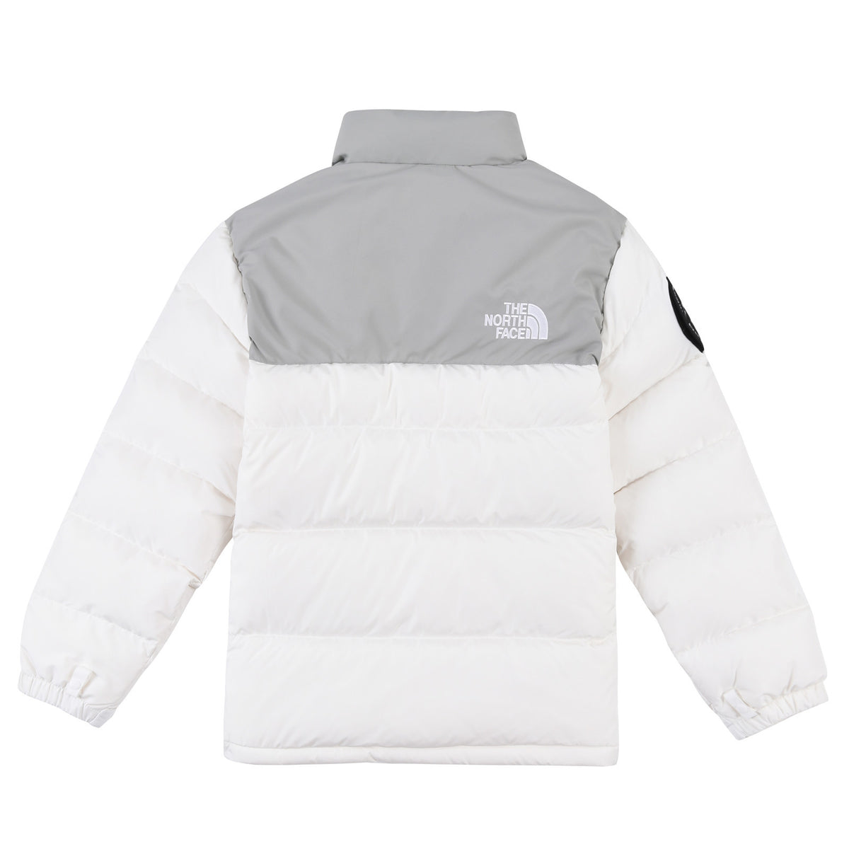 The North Face White and Gray Colorblock Stand-Collar Puffer Jacket