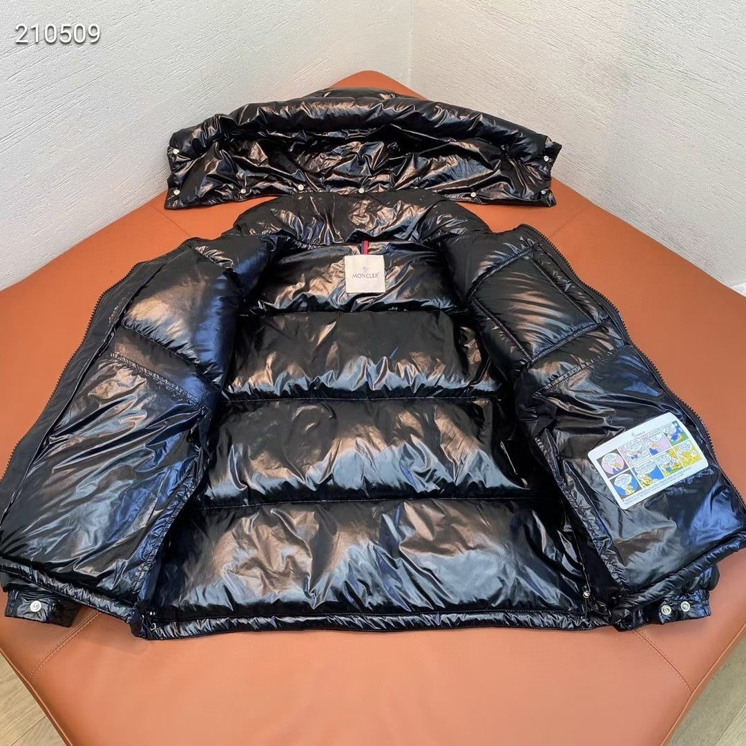 Moncler Black Glossy Hooded Puffer Jacket with Tricolor Zip Trim