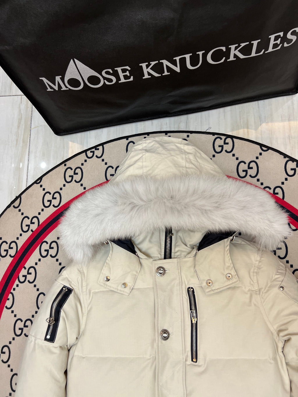 Moose Knuckles Ivory Hooded Parka with White Plush Trim