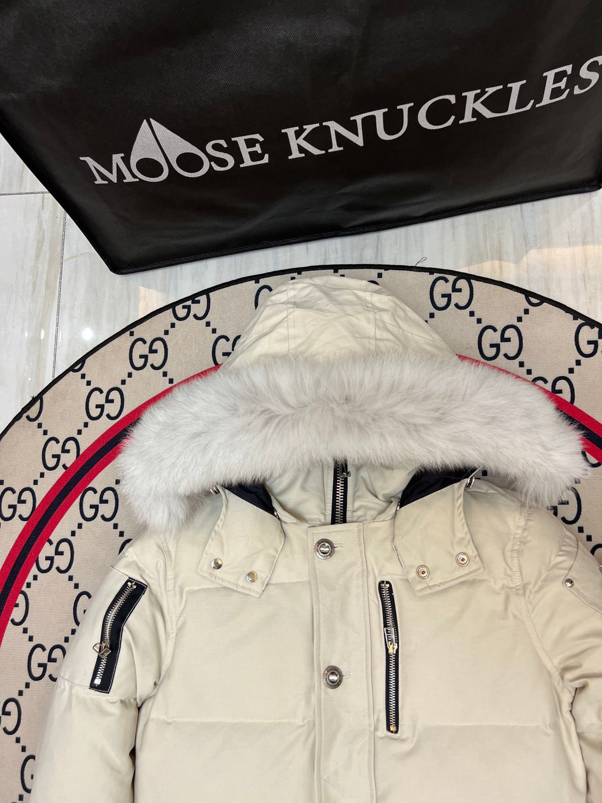 Moose Knuckles Ivory Hooded Parka with White Plush Trim