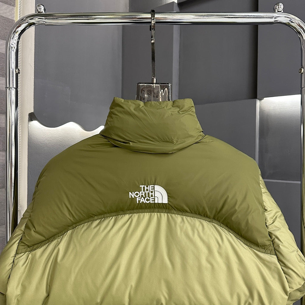 The North Face Olive Green Two-Tone Stand-Collar Puffer Jacket