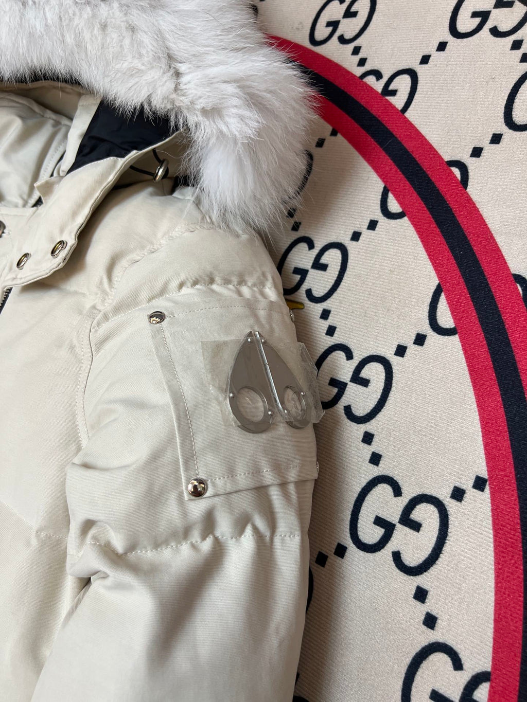Moose Knuckles Ivory Hooded Parka with White Plush Trim