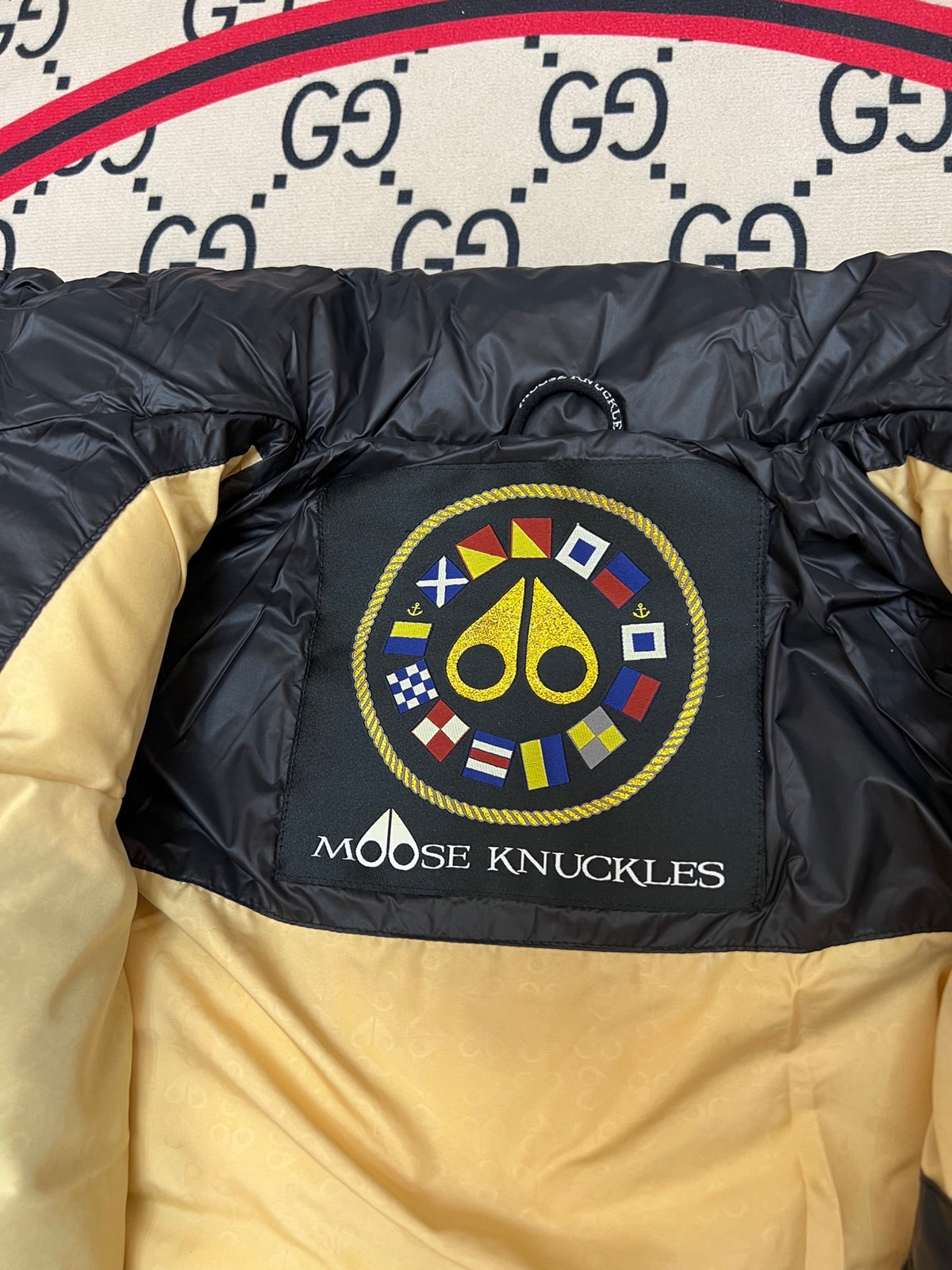 Moose Knuckles Black Glossy Stand-Collar Puffer Jacket with Tonal Sleeve Patch
