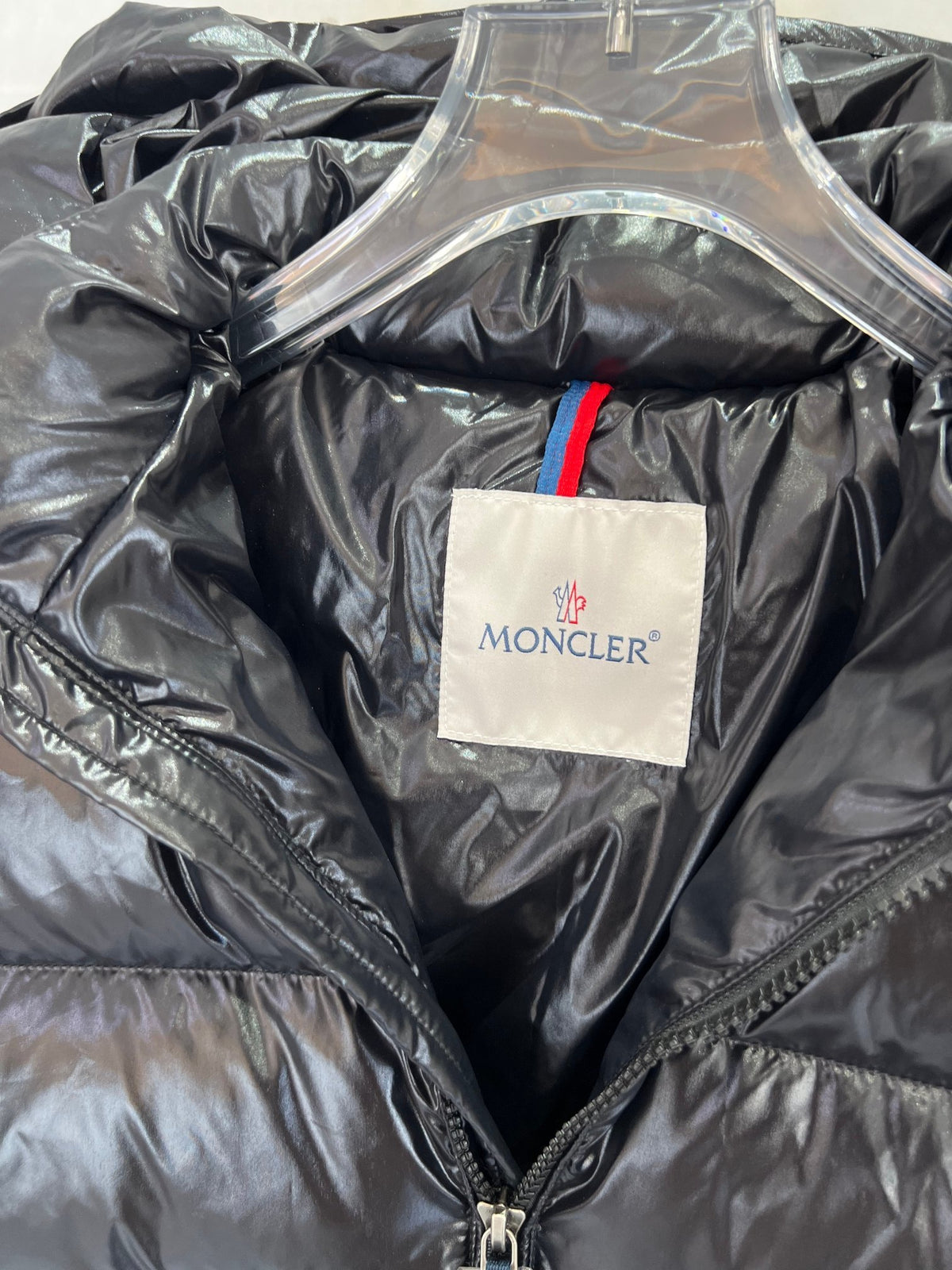 Moncler Black Glossy Hooded Puffer Jacket with Sleeve Pocket