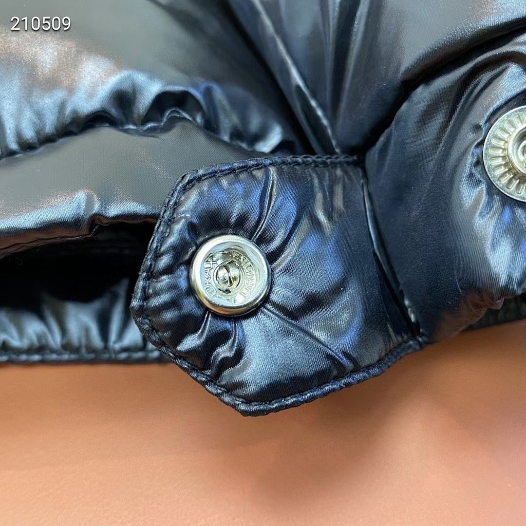 Moncler Black Glossy Hooded Puffer Jacket with Tricolor Zip Trim