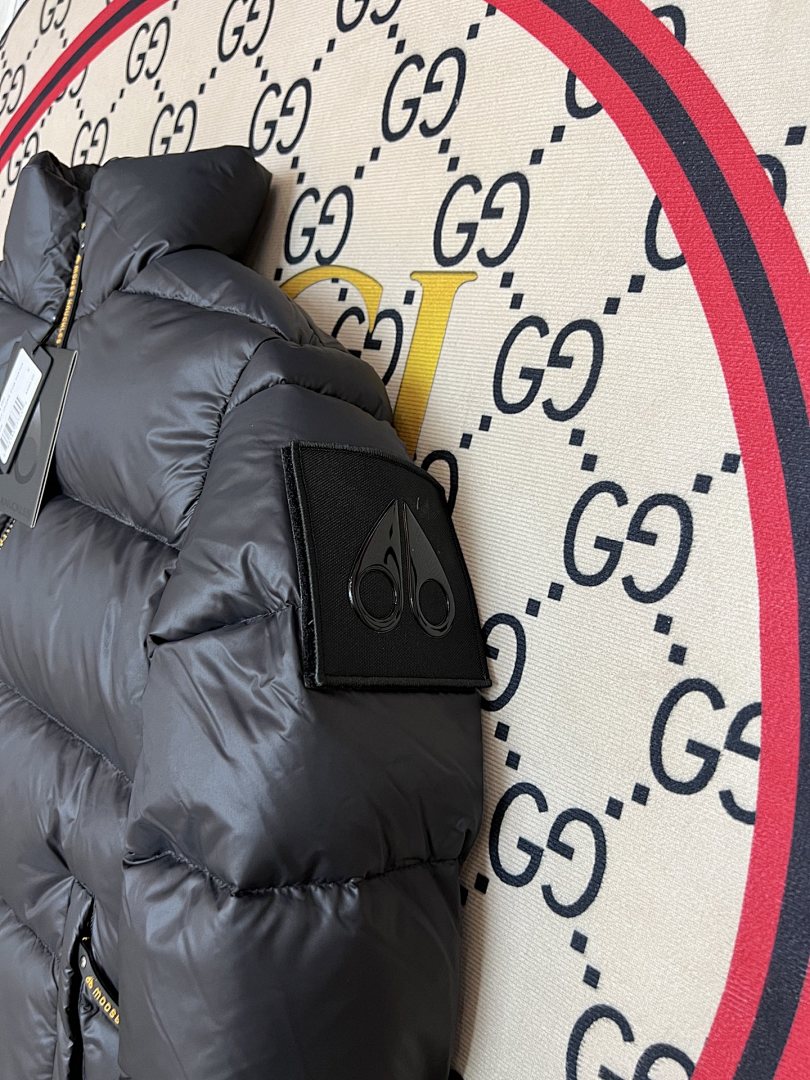 Moose Knuckles Black Glossy Stand-Collar Puffer Jacket with Tonal Sleeve Patch