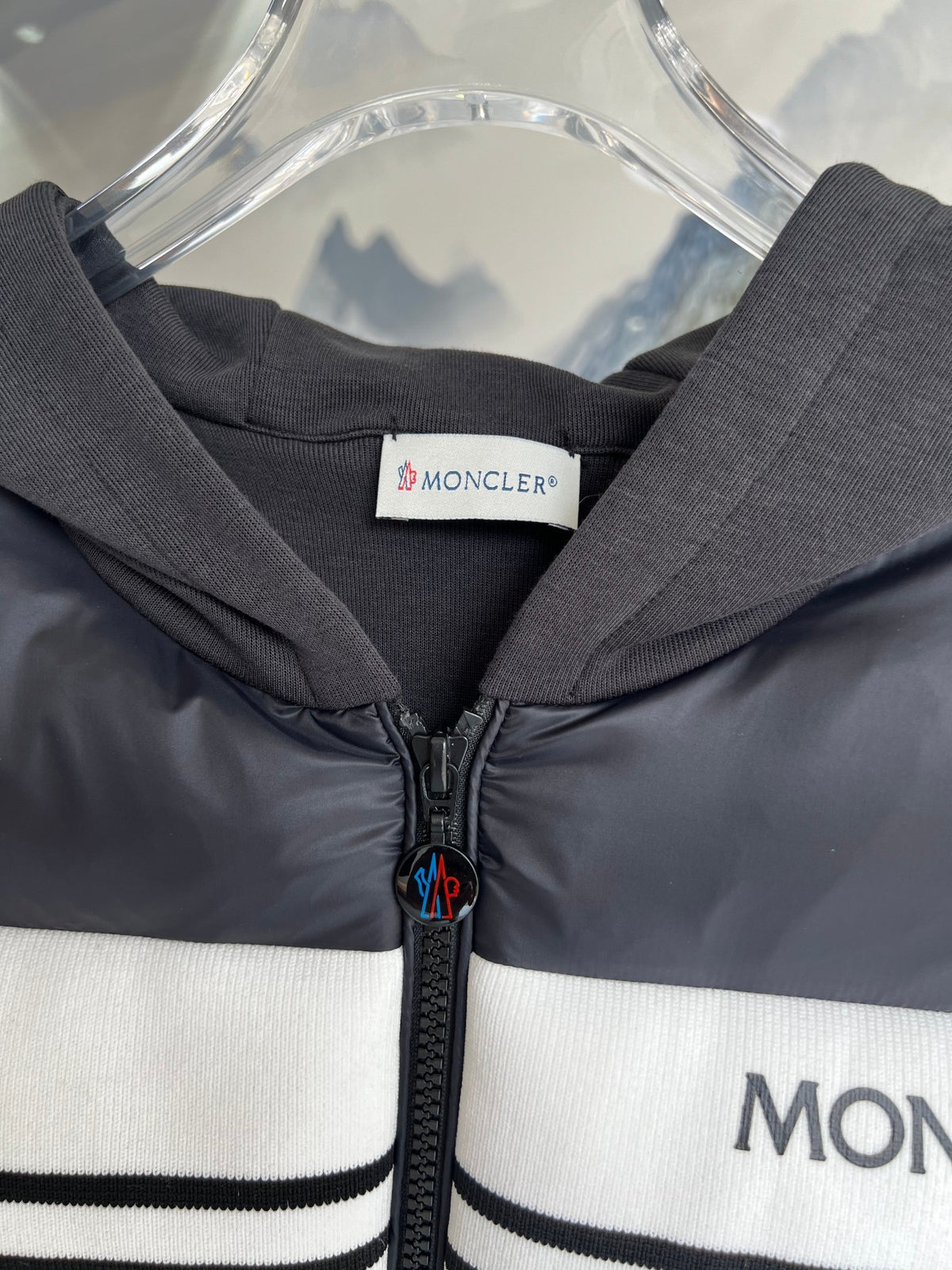 Moncler Black and White Quilted Front Zip-Up Hoodie