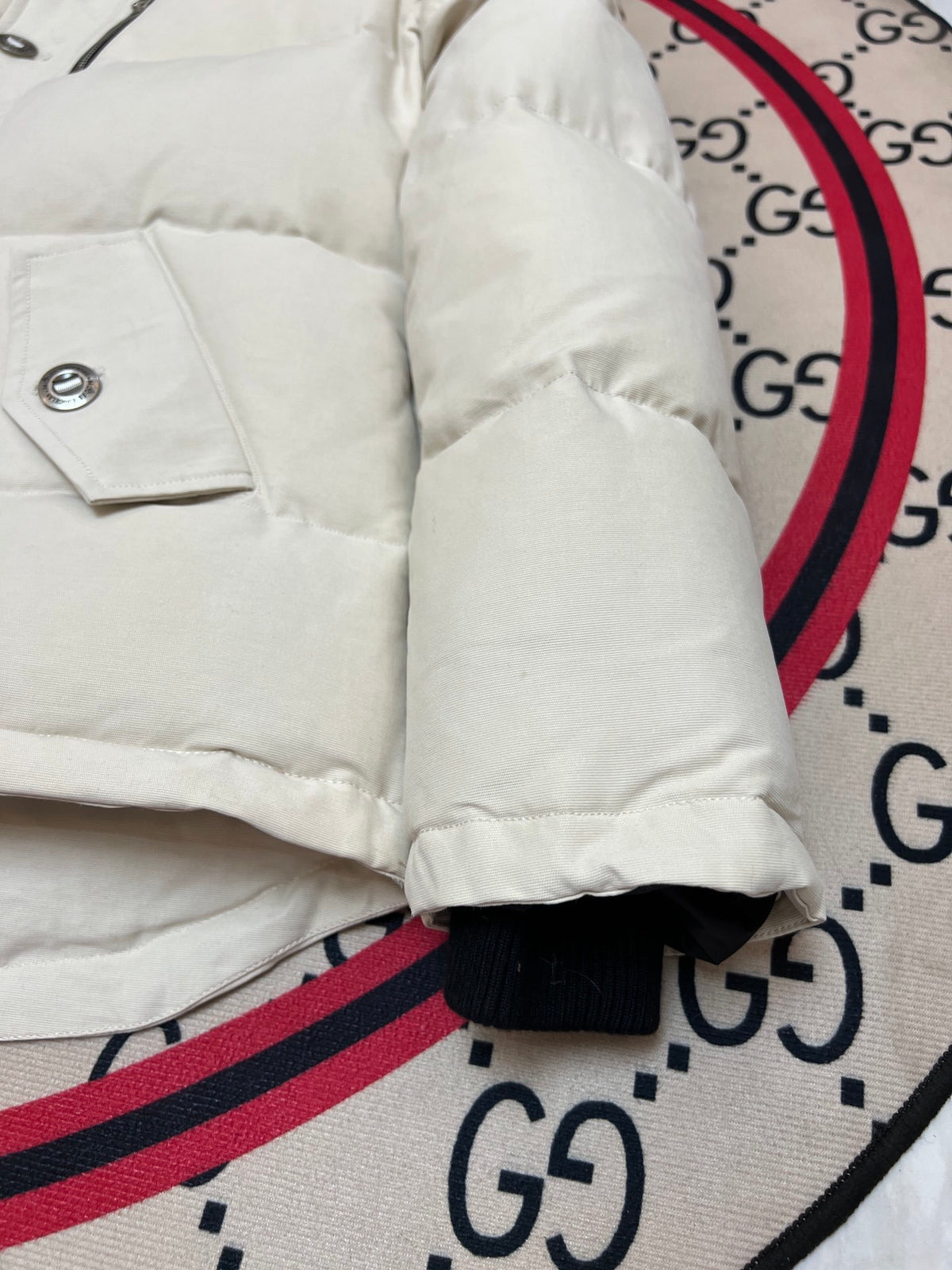 Moose Knuckles Ivory Hooded Parka with White Plush Trim