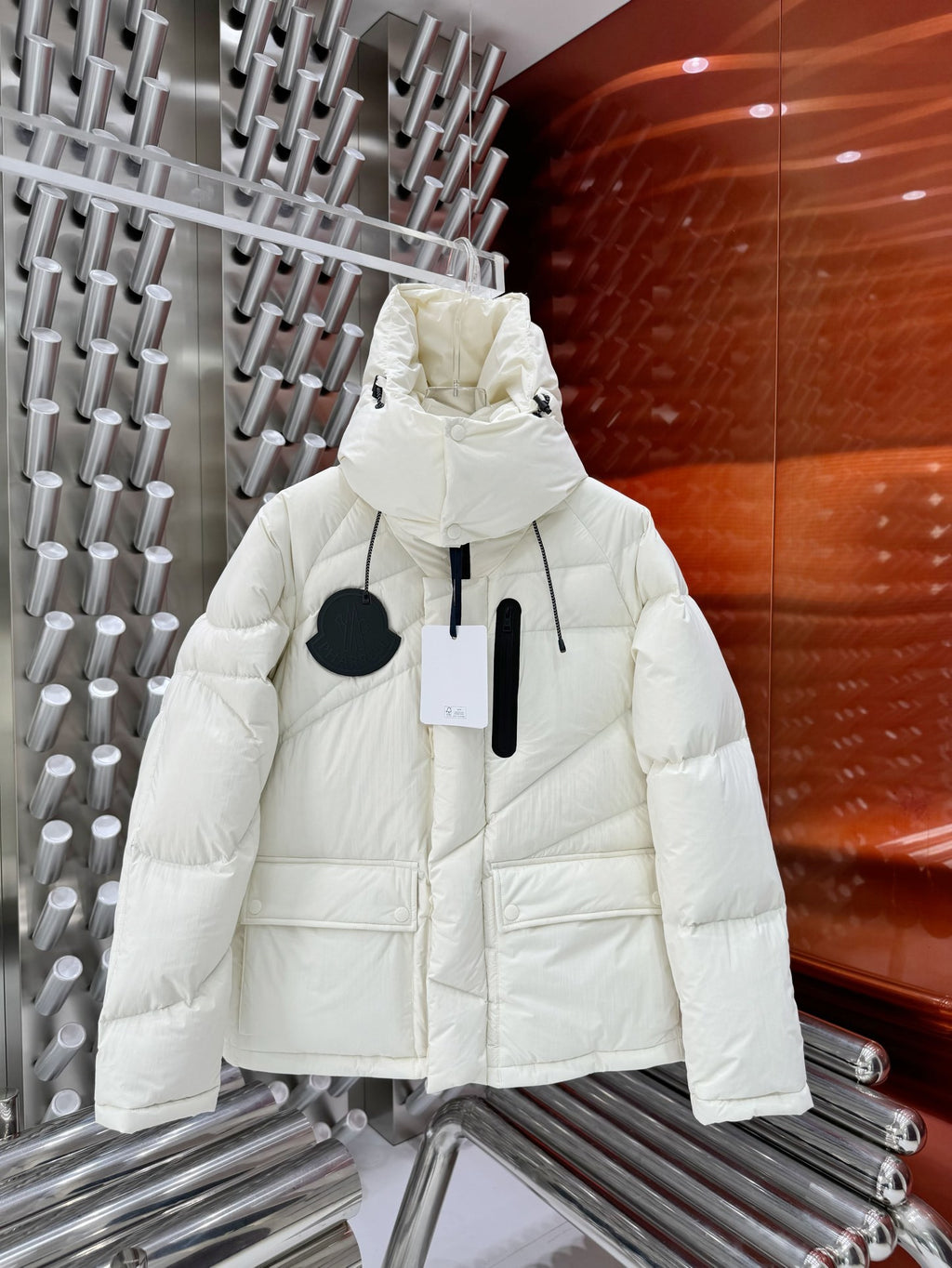 Moncler White Hooded Puffer Jacket with Black Chest Badge