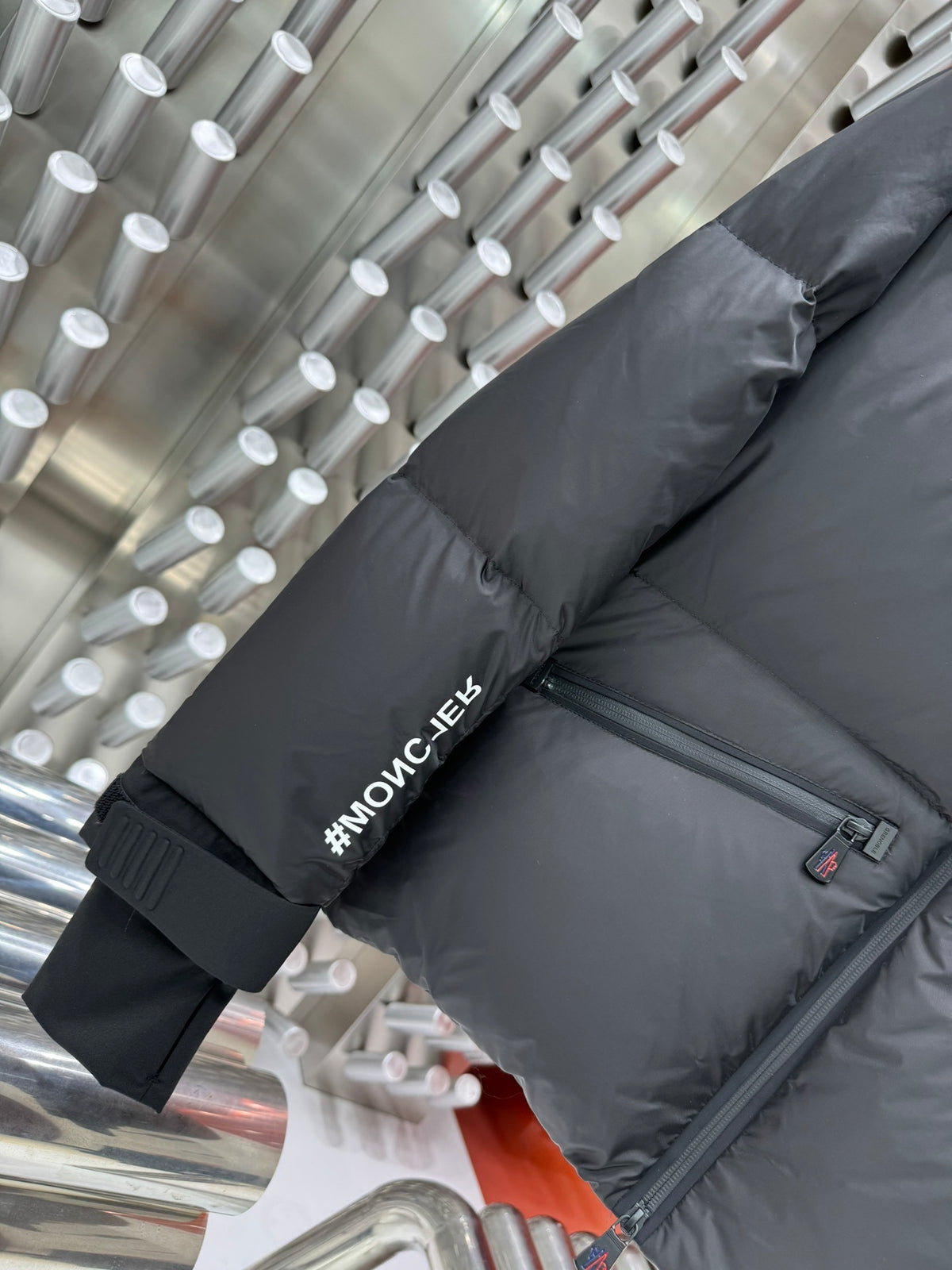 Moncler Black Stand-Collar Puffer Jacket with Graphic Back Print