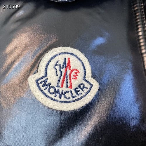 Moncler Black Glossy Hooded Puffer Jacket with Tricolor Zip Trim