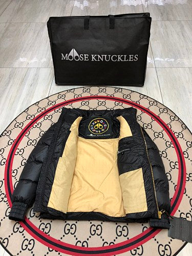 Moose Knuckles Black Glossy Stand-Collar Puffer Jacket with Tonal Sleeve Patch