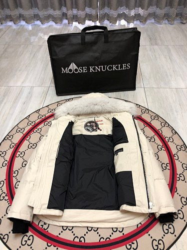Moose Knuckles Ivory Hooded Parka with White Plush Trim