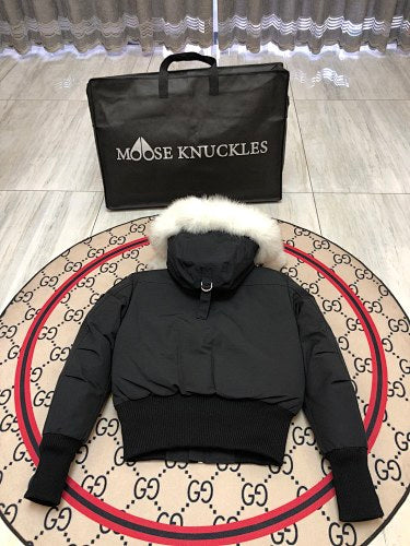 Moose Knuckles Black Hooded Bomber Jacket with Plush Pom-Poms