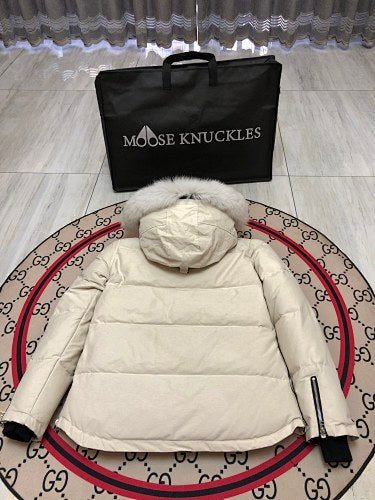 Moose Knuckles Ivory Hooded Parka with White Plush Trim