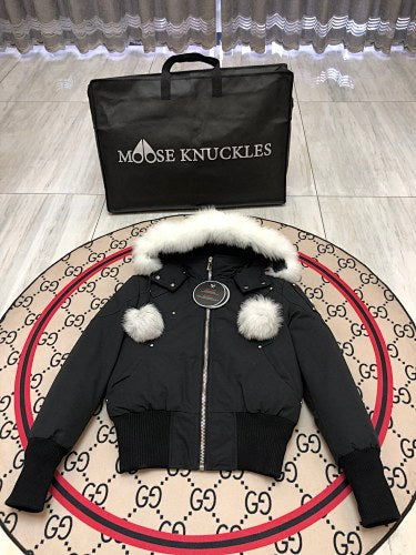 Moose Knuckles Black Hooded Bomber Jacket with Plush Pom-Poms