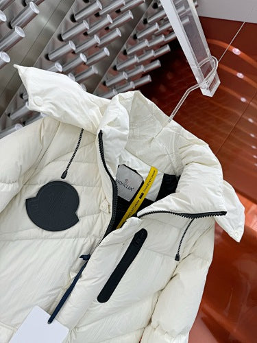 Moncler White Hooded Puffer Jacket with Black Chest Badge