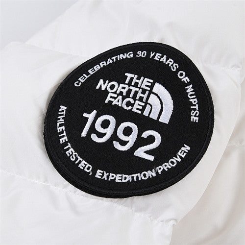 The North Face White and Gray Colorblock Stand-Collar Puffer Jacket