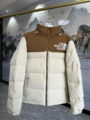 The North Face Ivory and Brown Colorblock Stand-Collar Puffer Jacket