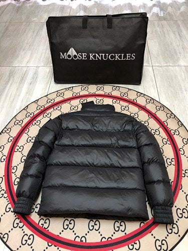 Moose Knuckles Black Glossy Stand-Collar Puffer Jacket with Tonal Sleeve Patch
