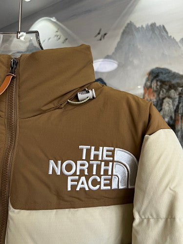 The North Face Ivory and Brown Colorblock Stand-Collar Puffer Jacket