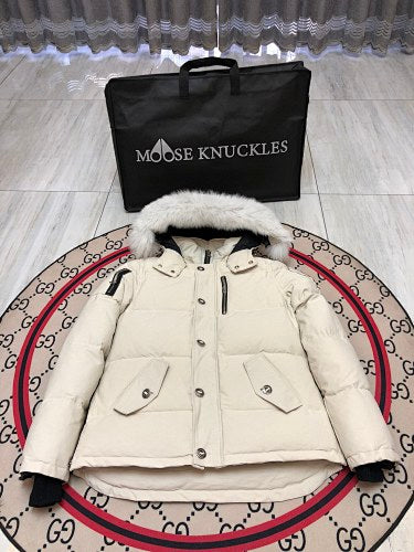 Moose Knuckles Ivory Hooded Parka with White Plush Trim