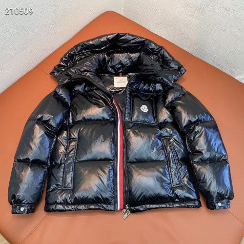 Moncler Black Glossy Hooded Puffer Jacket with Tricolor Zip Trim