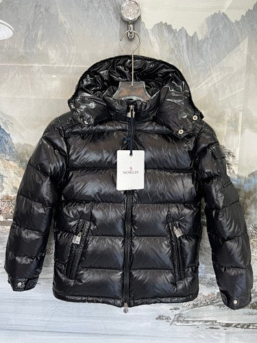 Moncler Black Glossy Hooded Puffer Jacket with Sleeve Pocket