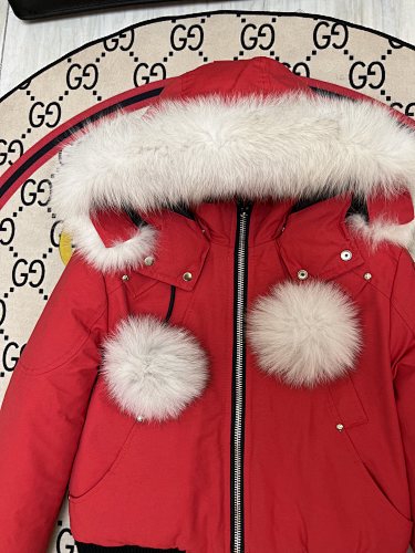 Moose Knuckles Red Hooded Bomber Jacket with Plush Pom-Poms