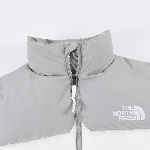 The North Face White and Gray Colorblock Stand-Collar Puffer Jacket