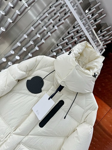 Moncler White Hooded Puffer Jacket with Black Chest Badge