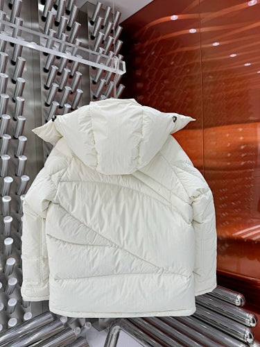 Moncler White Hooded Puffer Jacket with Black Chest Badge