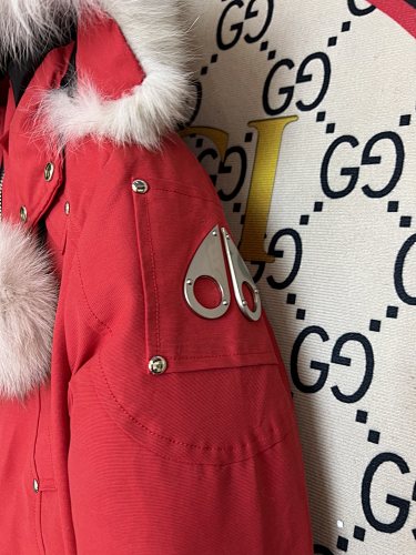 Moose Knuckles Red Hooded Bomber Jacket with Plush Pom-Poms
