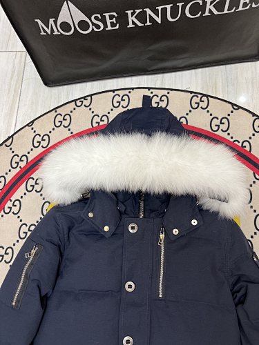 Moose Knuckles Navy Blue Hooded Parka with White Plush Trim
