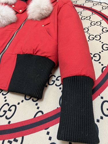 Moose Knuckles Red Hooded Bomber Jacket with Plush Pom-Poms