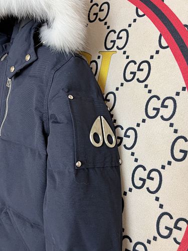Moose Knuckles Navy Blue Hooded Parka with White Plush Trim
