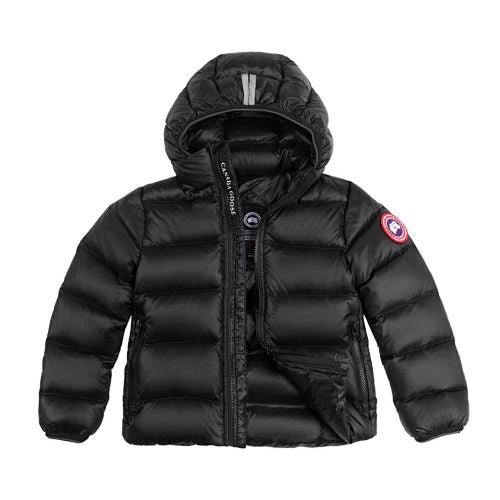 Canada Goose Black Hooded Puffer Jacket with Contrast Back Stripes