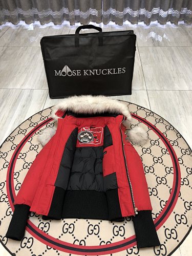 Moose Knuckles Red Hooded Bomber Jacket with Plush Pom-Poms