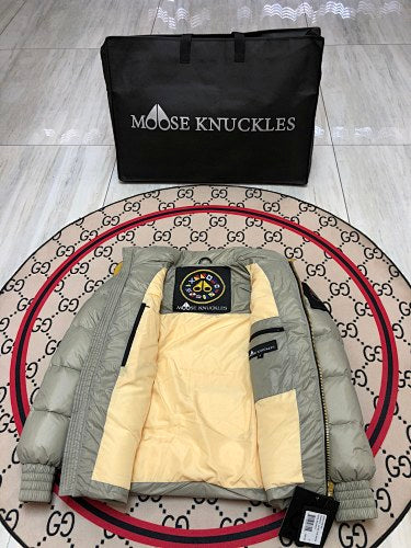 Moose Knuckles Sage Green Glossy Stand-Collar Puffer Jacket with Black Sleeve Patch