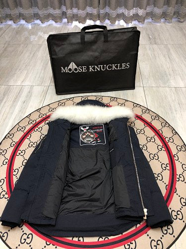 Moose Knuckles Navy Blue Hooded Parka with White Plush Trim