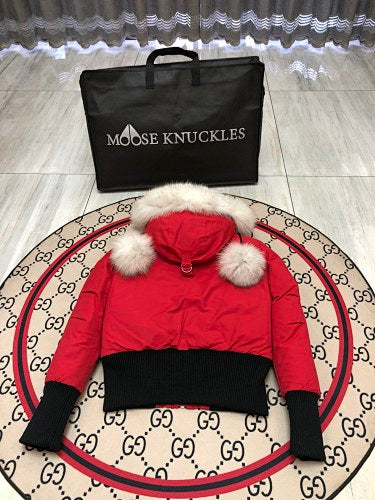 Moose Knuckles Red Hooded Bomber Jacket with Plush Pom-Poms