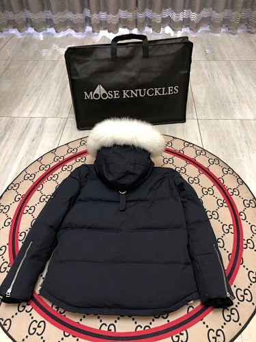 Moose Knuckles Navy Blue Hooded Parka with White Plush Trim
