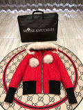 Moose Knuckles Red Hooded Bomber Jacket with Plush Pom-Poms
