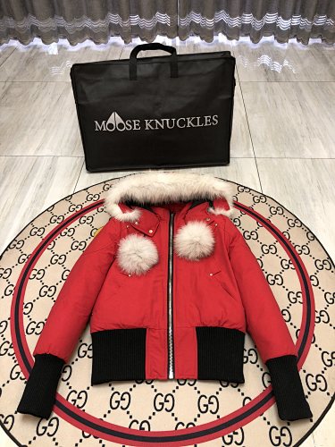 Moose Knuckles Red Hooded Bomber Jacket with Plush Pom-Poms