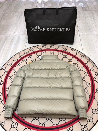 Moose Knuckles Sage Green Glossy Stand-Collar Puffer Jacket with Black Sleeve Patch
